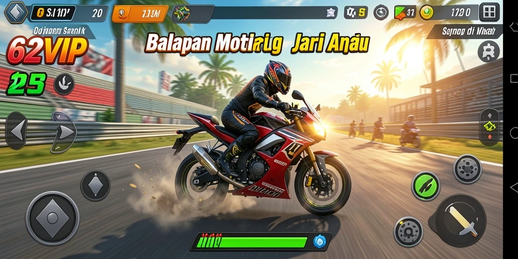 Tangkapan layar gameplay 62VIP menampilkan balapan motor yang mendebarkan.