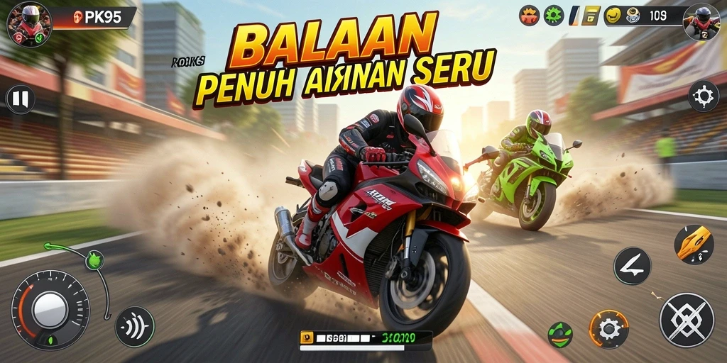Tampilan gameplay balapan motor yang mendebarkan di PK95.