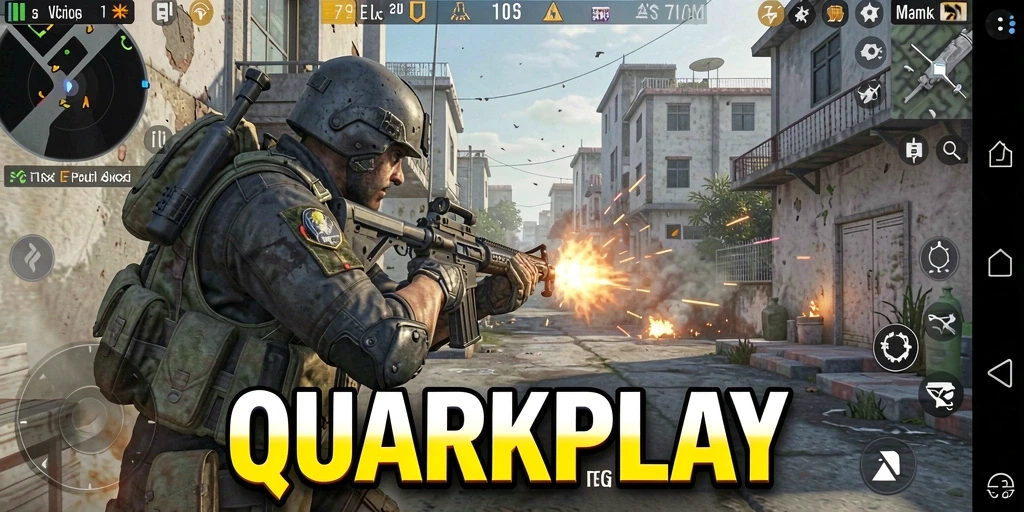 Tampilan gameplay QUARKPLAY dengan aksi menembak yang mendebarkan.