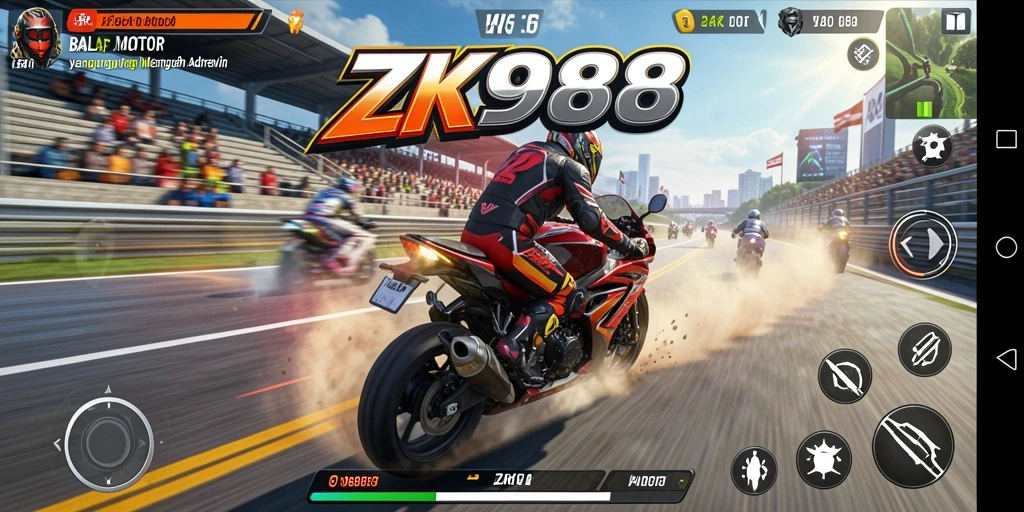 Tampilan gameplay ZK988 yang mendebarkan dan penuh aksi balap motor.